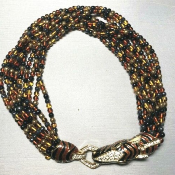Vintage Signed CINER Enameled Zebra Torsade eight Strand Glass Bead Necklace - Picture 4 of 9